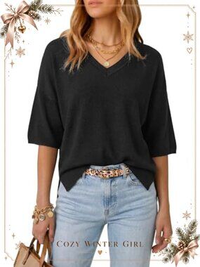 Wool Blend V-Neck Elbow Sleeve Oversized Pullover Sweater